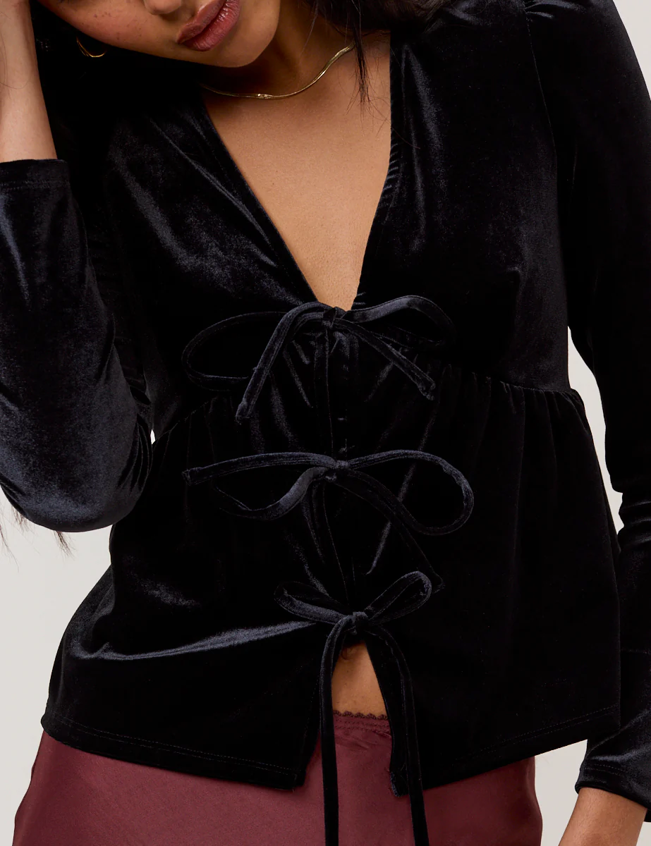 Black Velvet Tie Front Top - Image 2