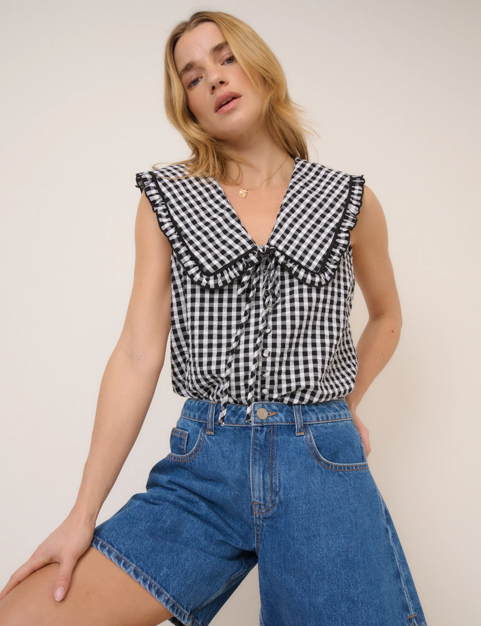 Black Gingham Ruffle Collar Button Through Top - Image 3