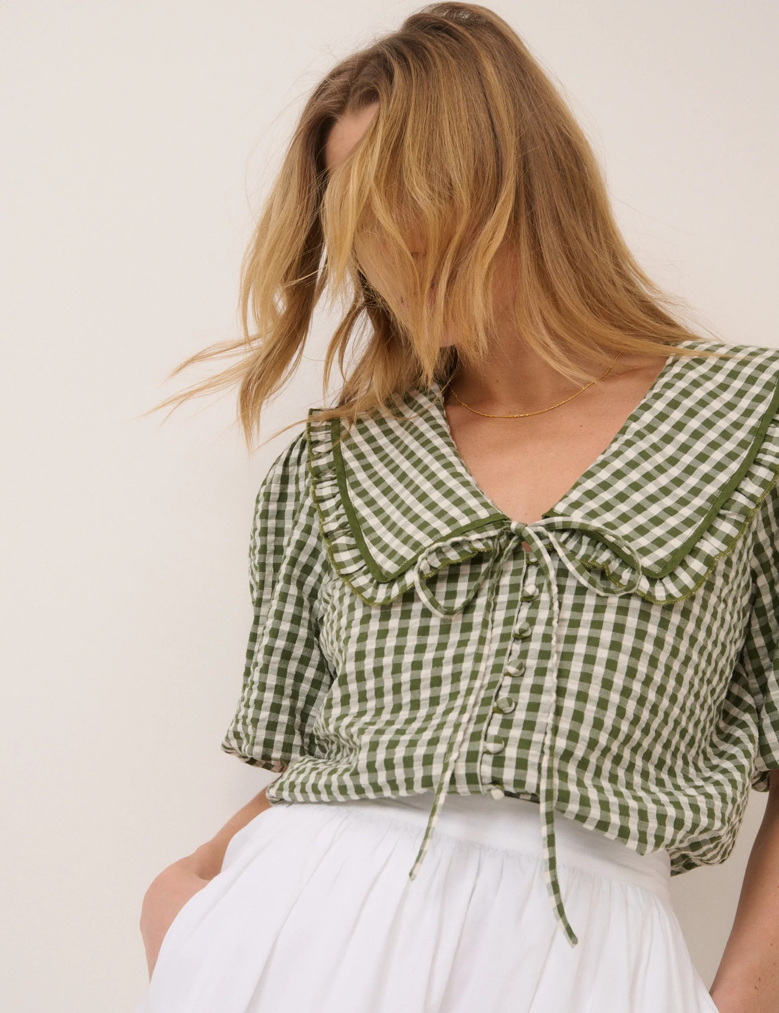 Green Gingham Ruffle Collar Blouse - Image 4