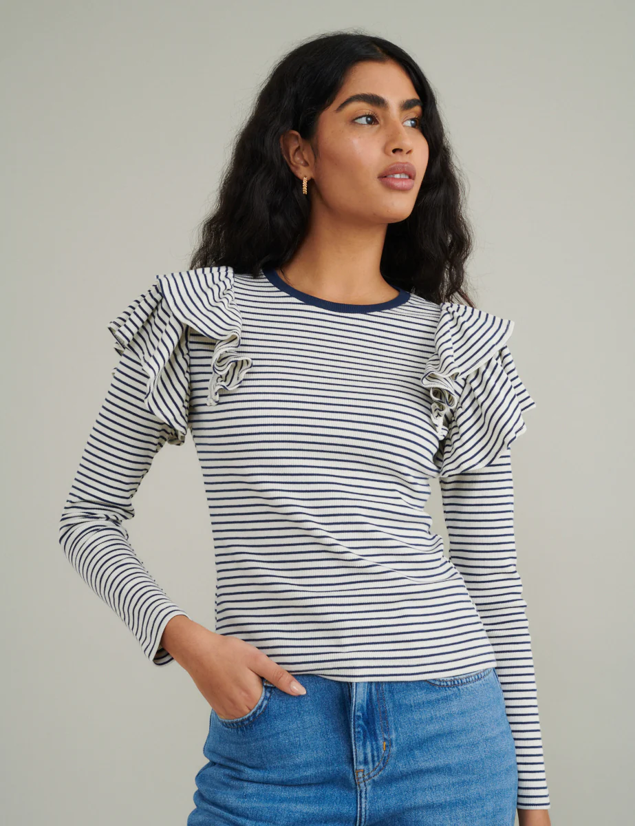 Blue And White Stripe Frill Shoulder Top - Image 3