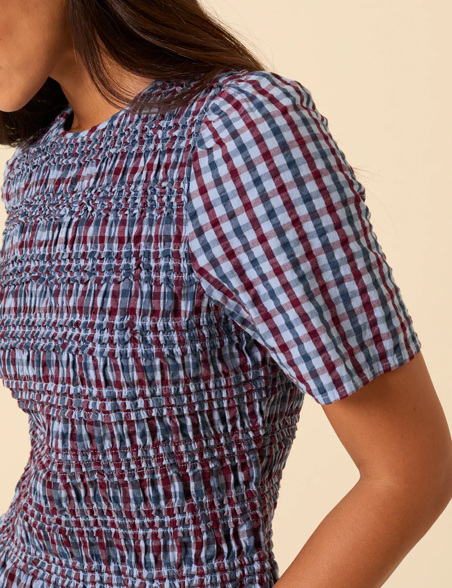 Blue Check Shirred Top - Image 2