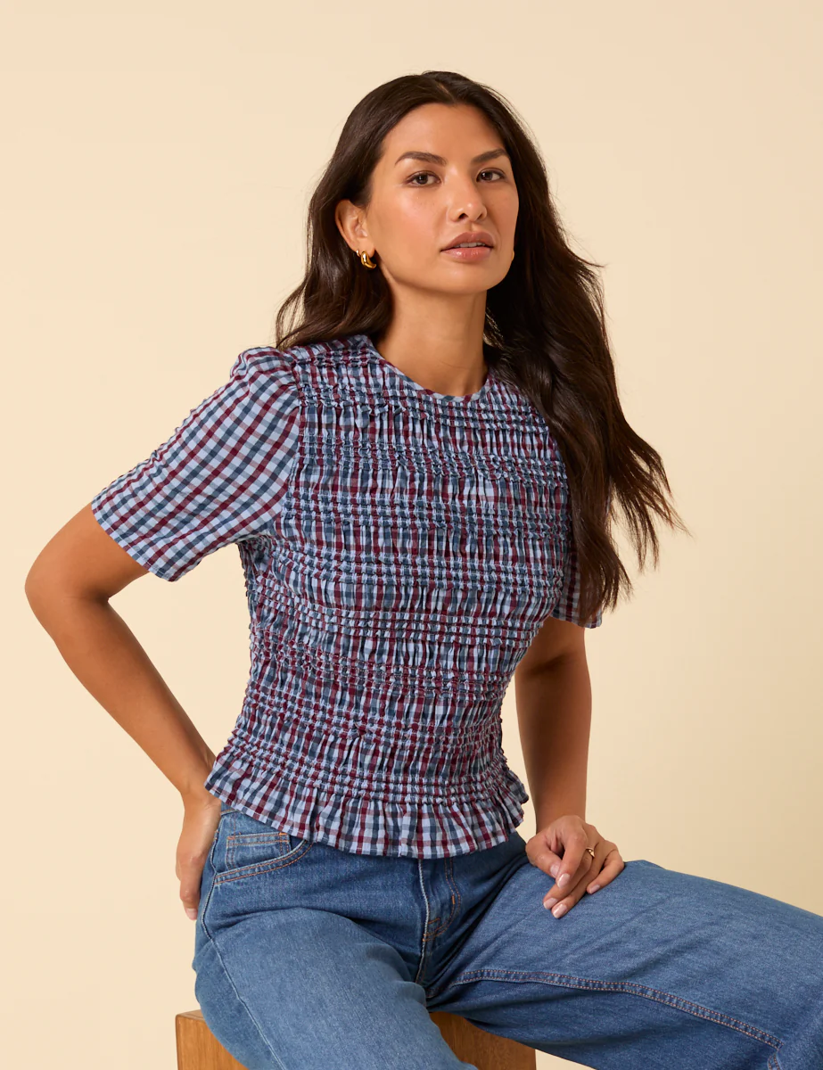 Blue Check Shirred Top - Image 3