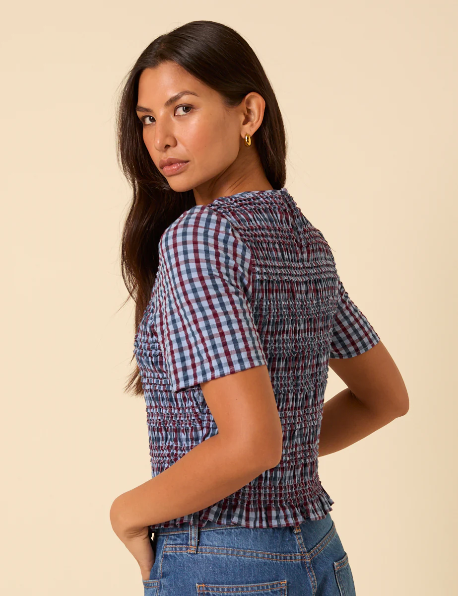 Blue Check Shirred Top - Image 5