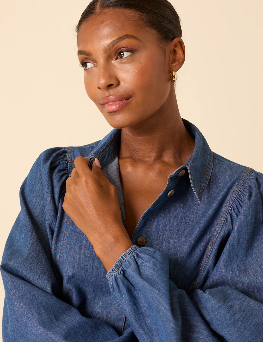 Blue Denim Balloon Sleeve Blouse - Image 2