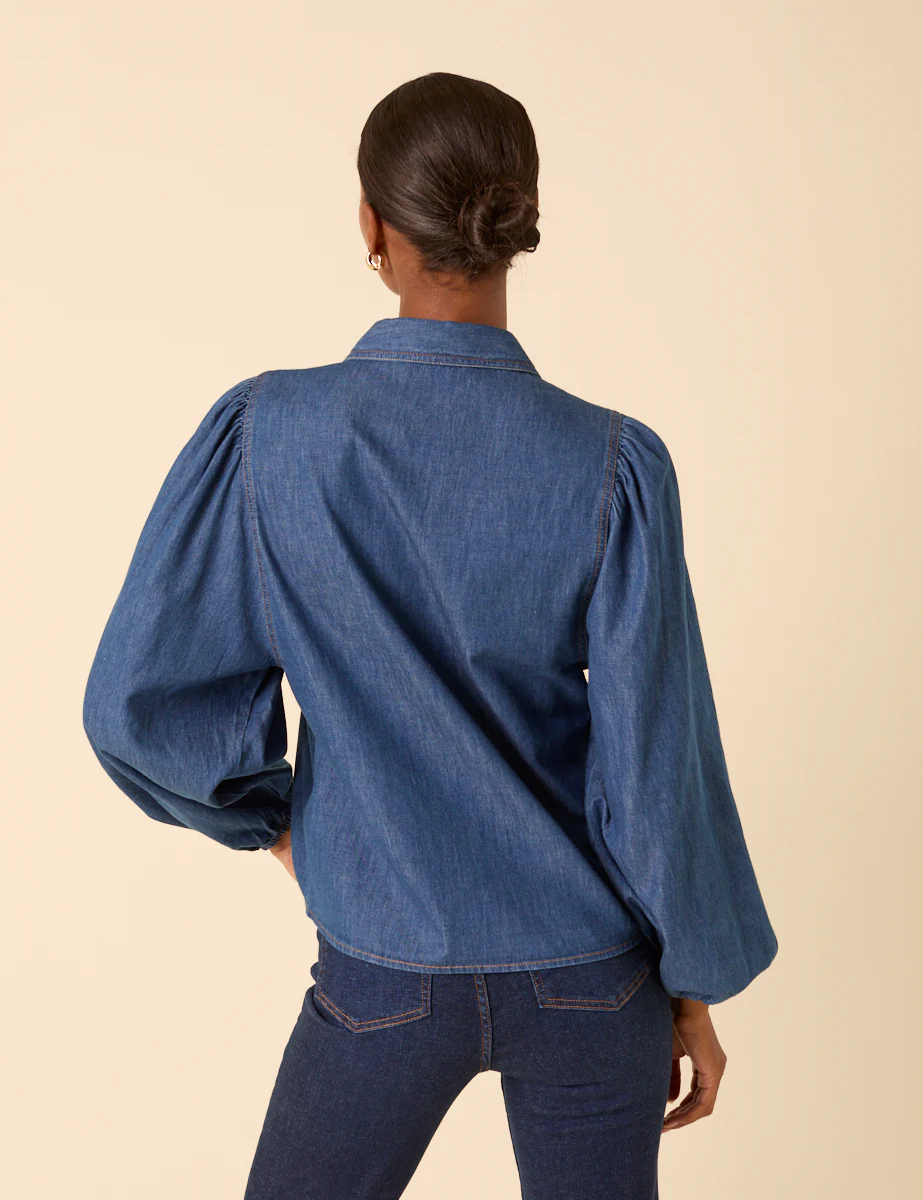 Blue Denim Balloon Sleeve Blouse - Image 5