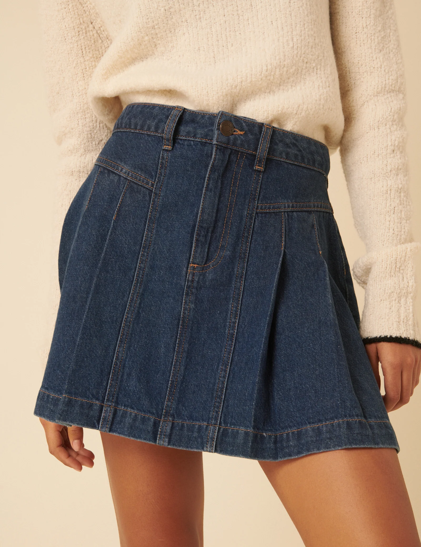 Dark Blue Denim Pleated Mini Skirt - Image 2