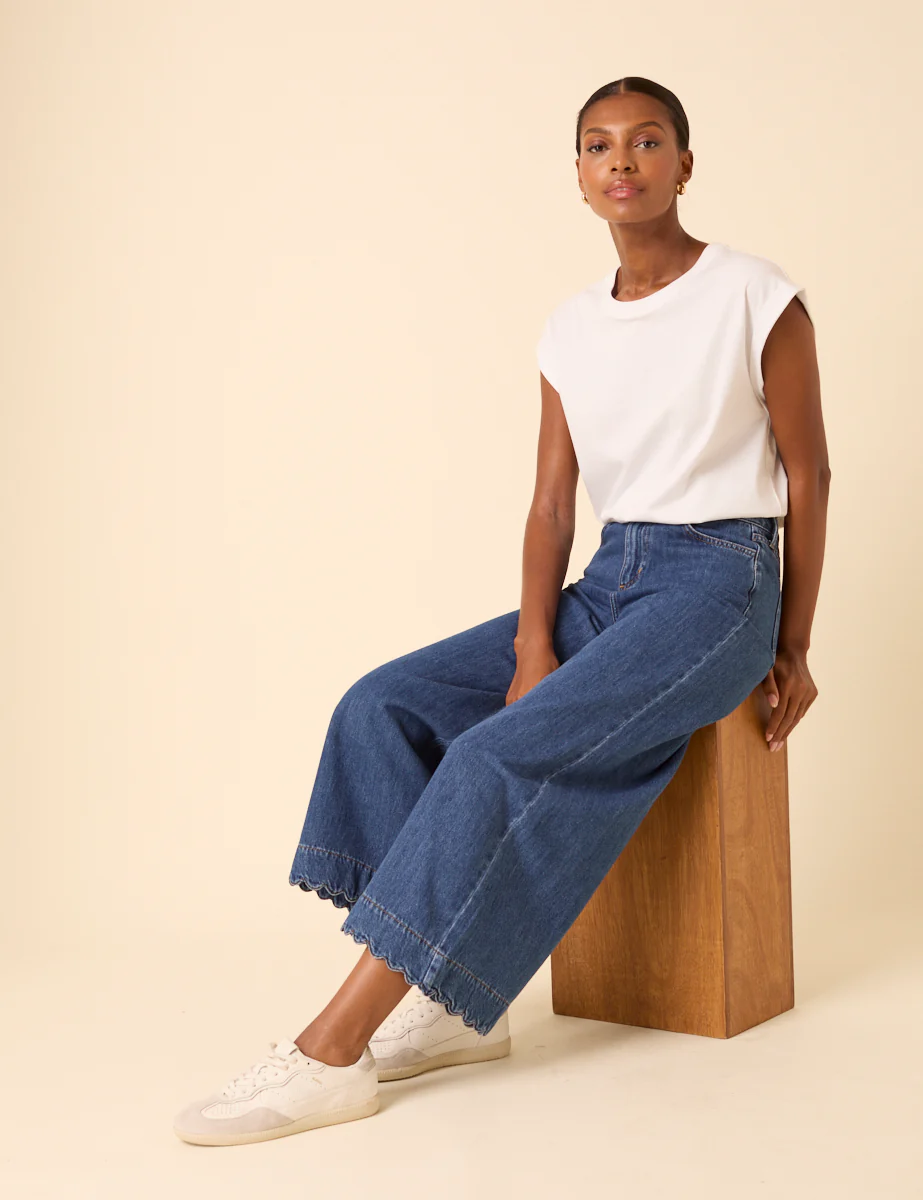 Blue High Rise Scallop Trim Cropped Palazzo Jeans - Image 4
