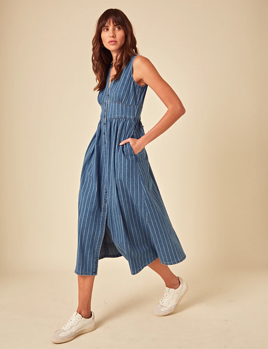 Blue Denim Sleeveless Pinstripe Starlight Midi Dress - Image 3