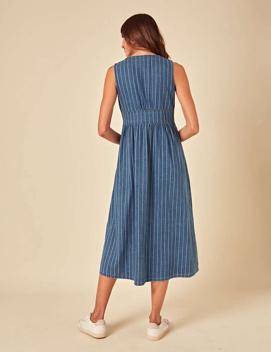 Blue Denim Sleeveless Pinstripe Starlight Midi Dress - Image 4