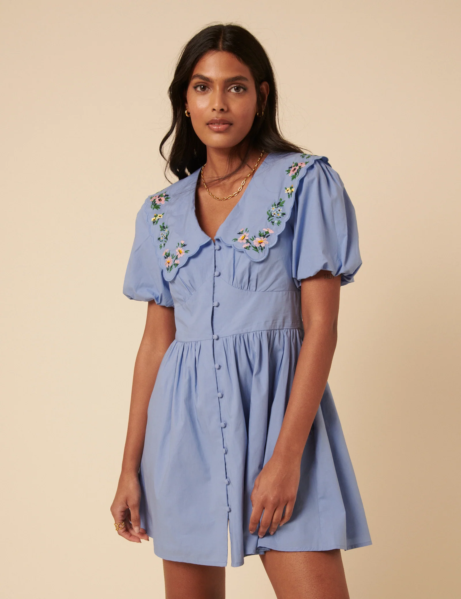 Blue Floral Embroidered Birdie Mini Dress - Image 3