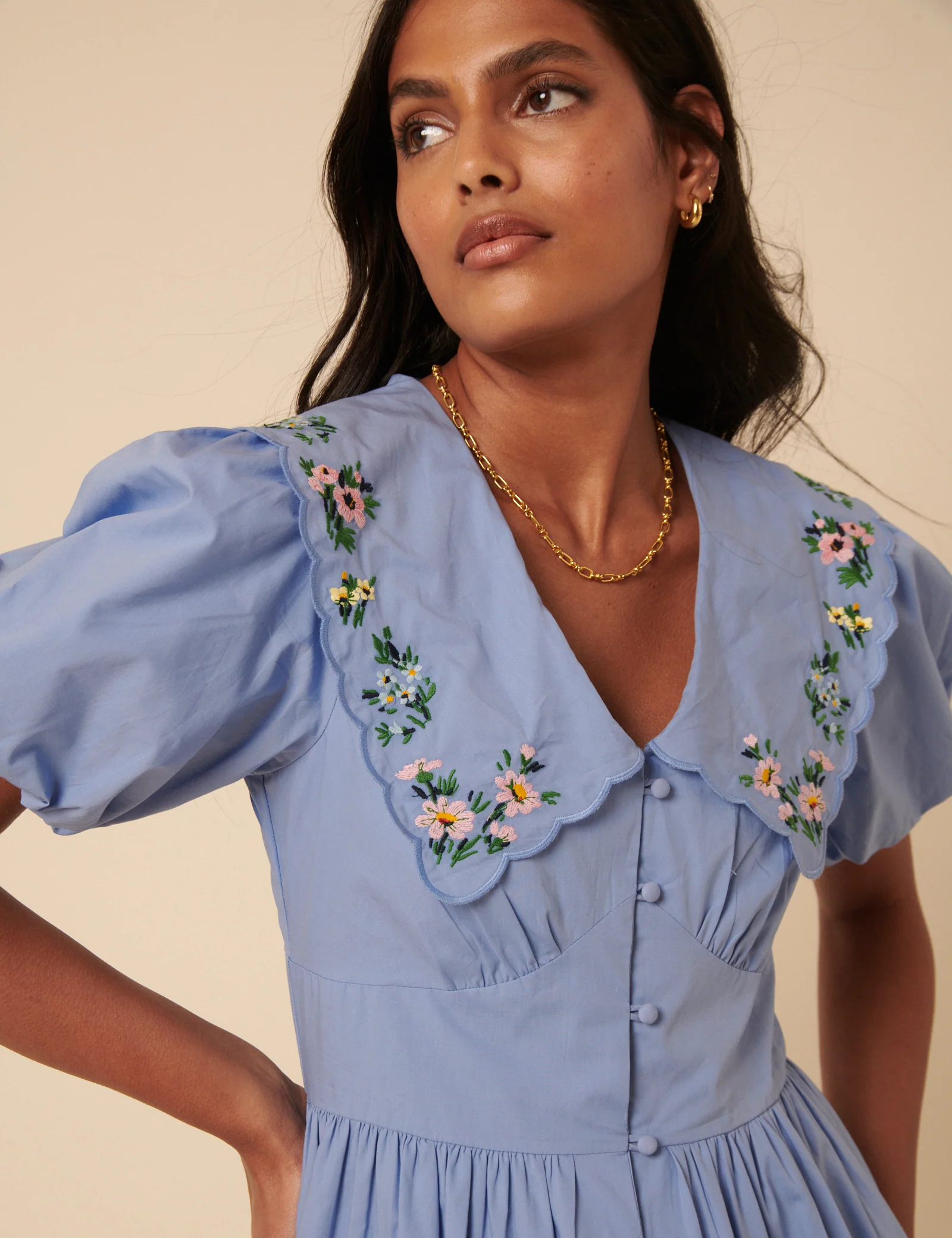 Blue Floral Embroidered Birdie Mini Dress - Image 4