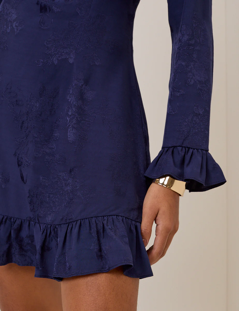 Blue Floral Satin Jacquard Long Sleeve Frill Bella Mini Dress - Image 2