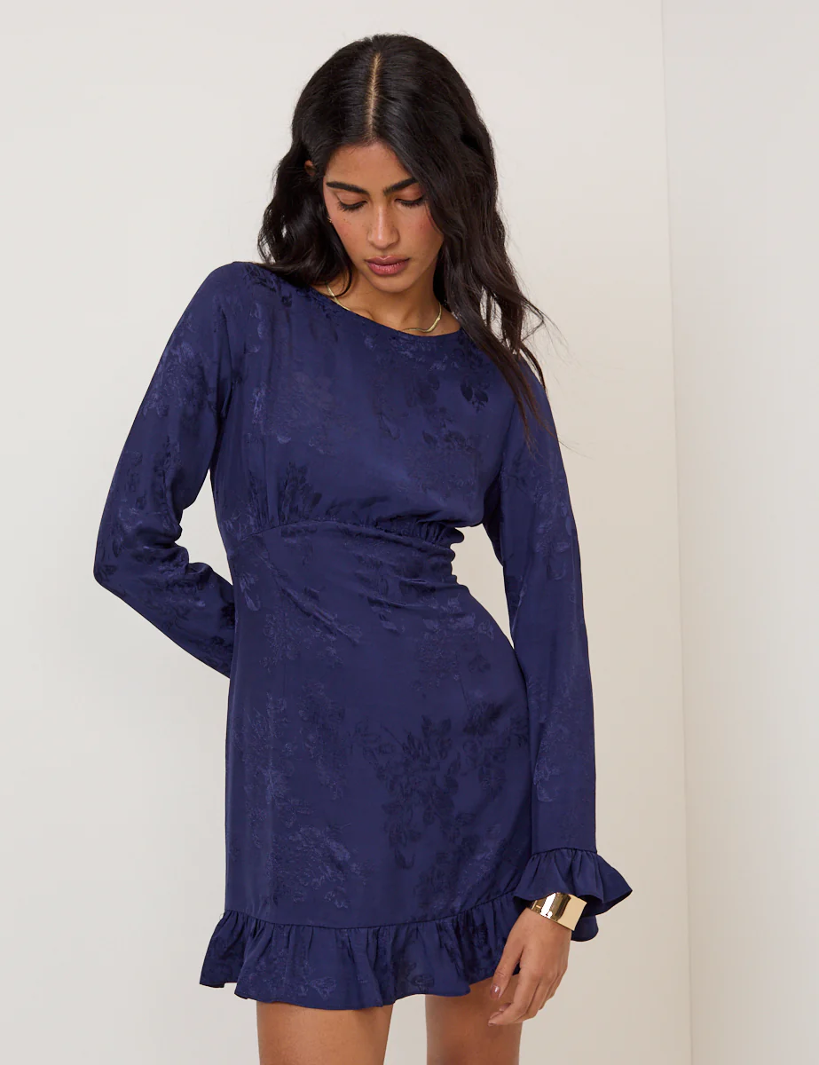 Blue Floral Satin Jacquard Long Sleeve Frill Bella Mini Dress - Image 4