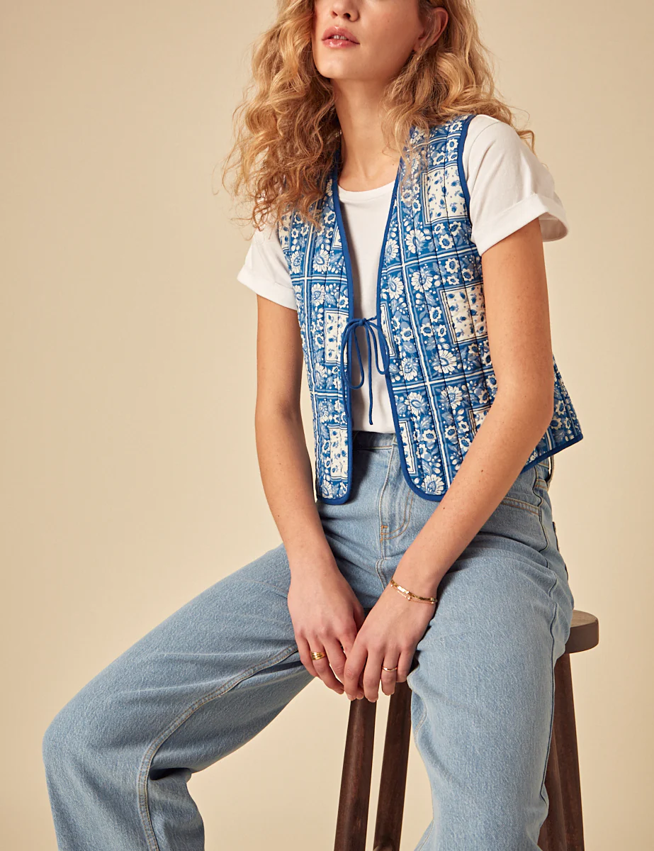 Blue Floral Print Quilted Gilet - Image 2