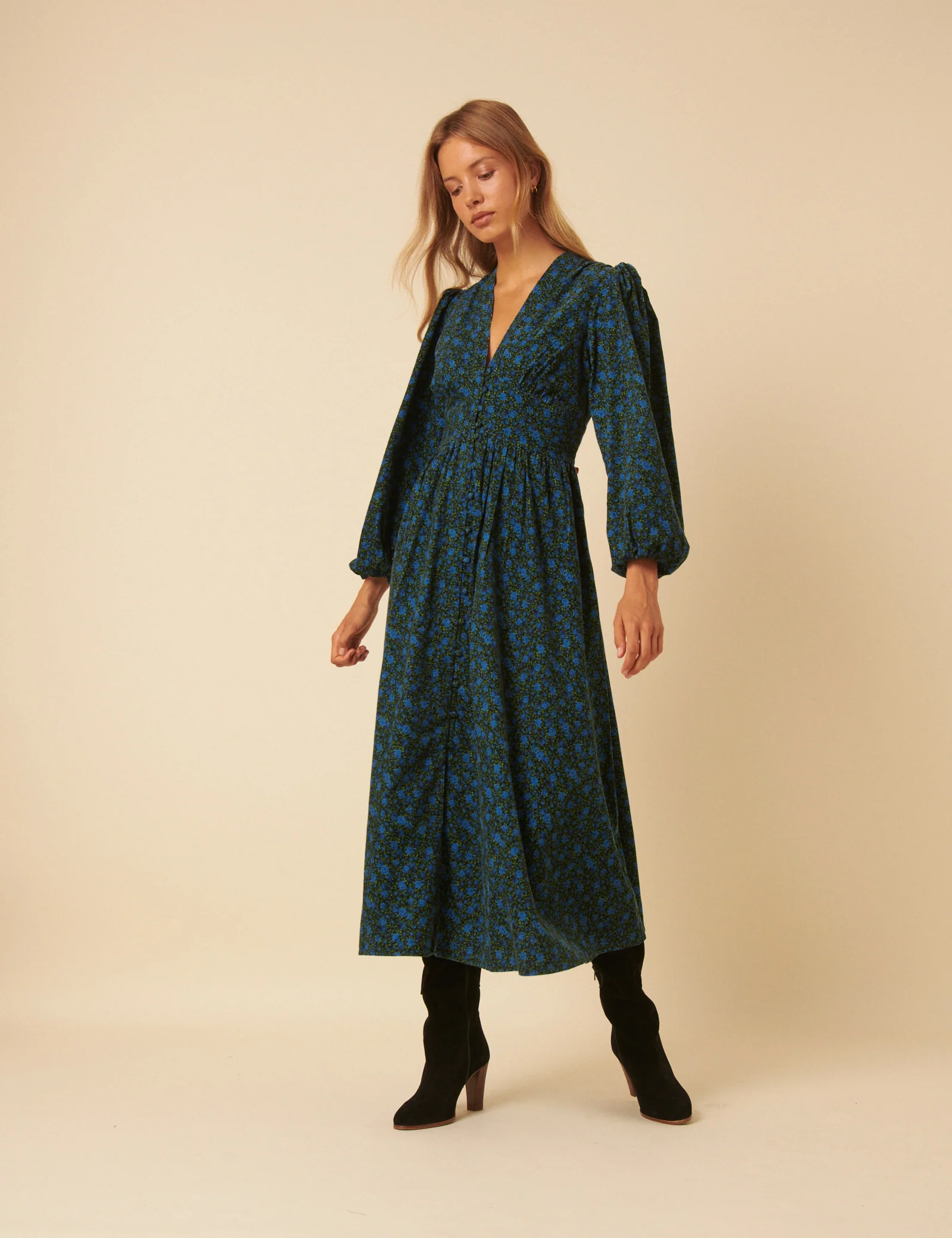 Blue Floral Printed Cord Starlight Midi Dress