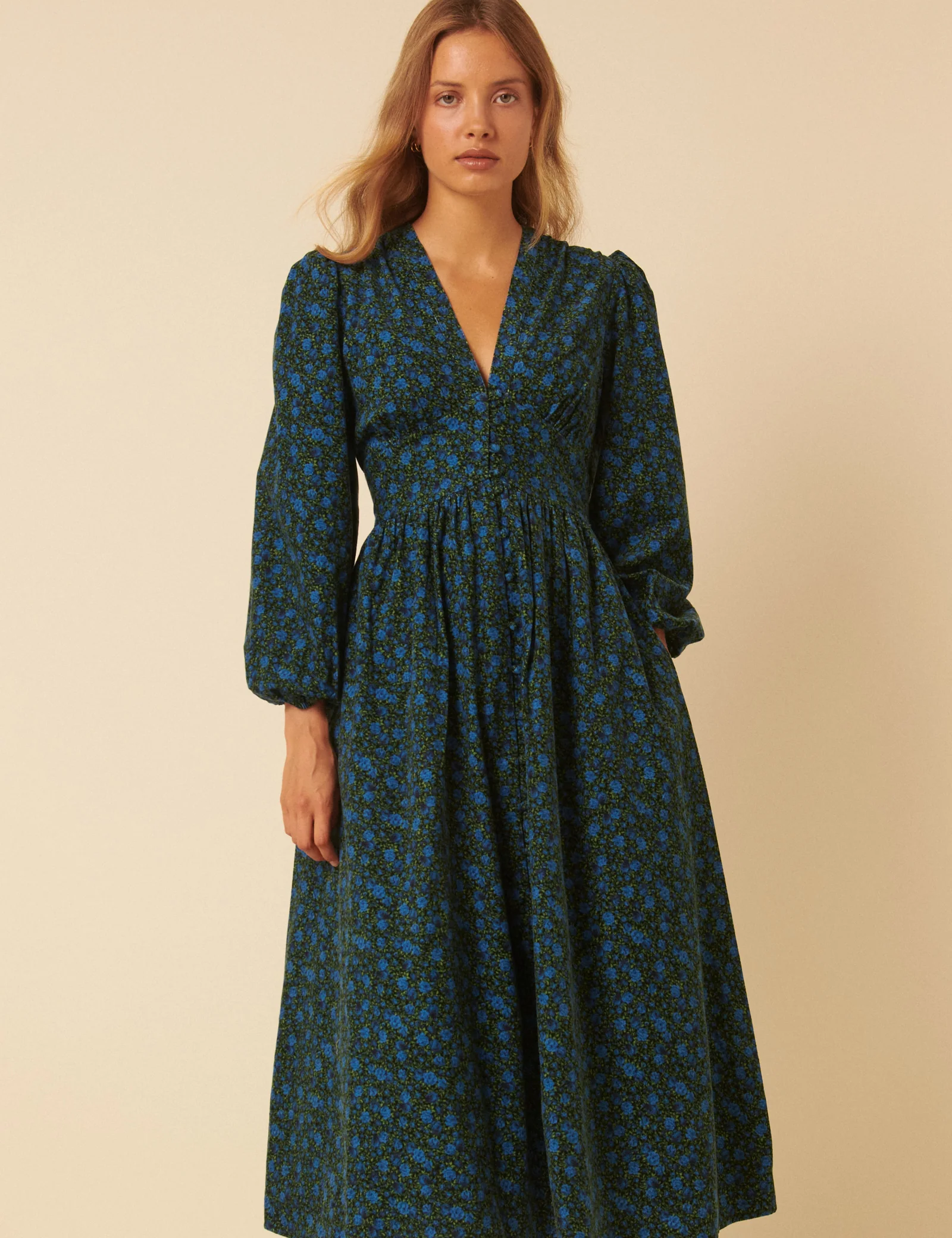 Blue Floral Printed Cord Starlight Midi Dress - Image 3
