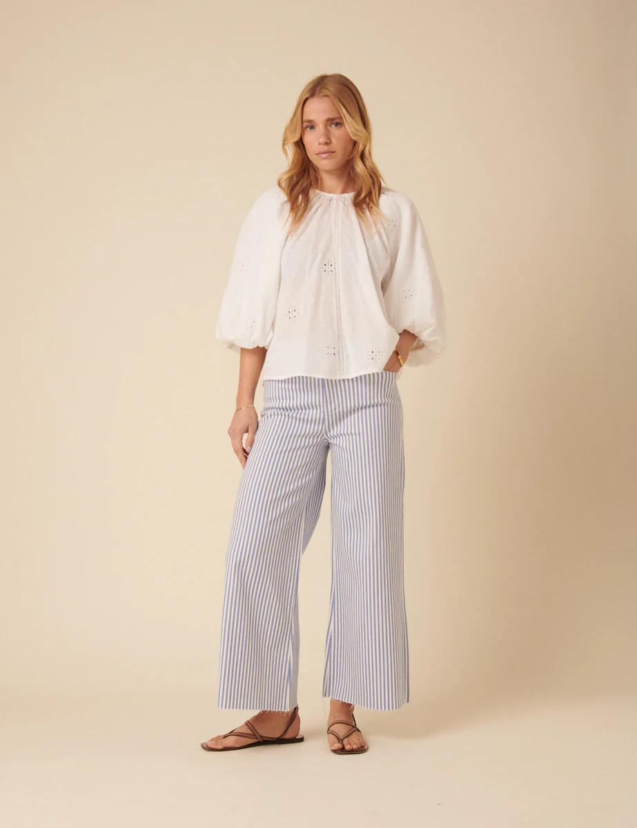 Blue Pinstripe High Rise Palazzo Jeans
