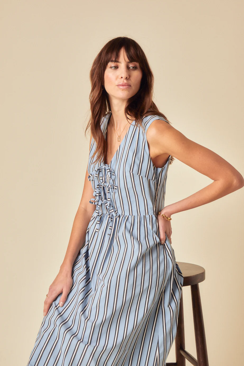 Blue Pinstripe Tie Front Posey Midi Dress - Image 2