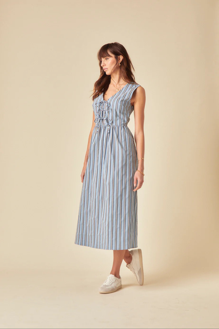Blue Pinstripe Tie Front Posey Midi Dress - Image 4