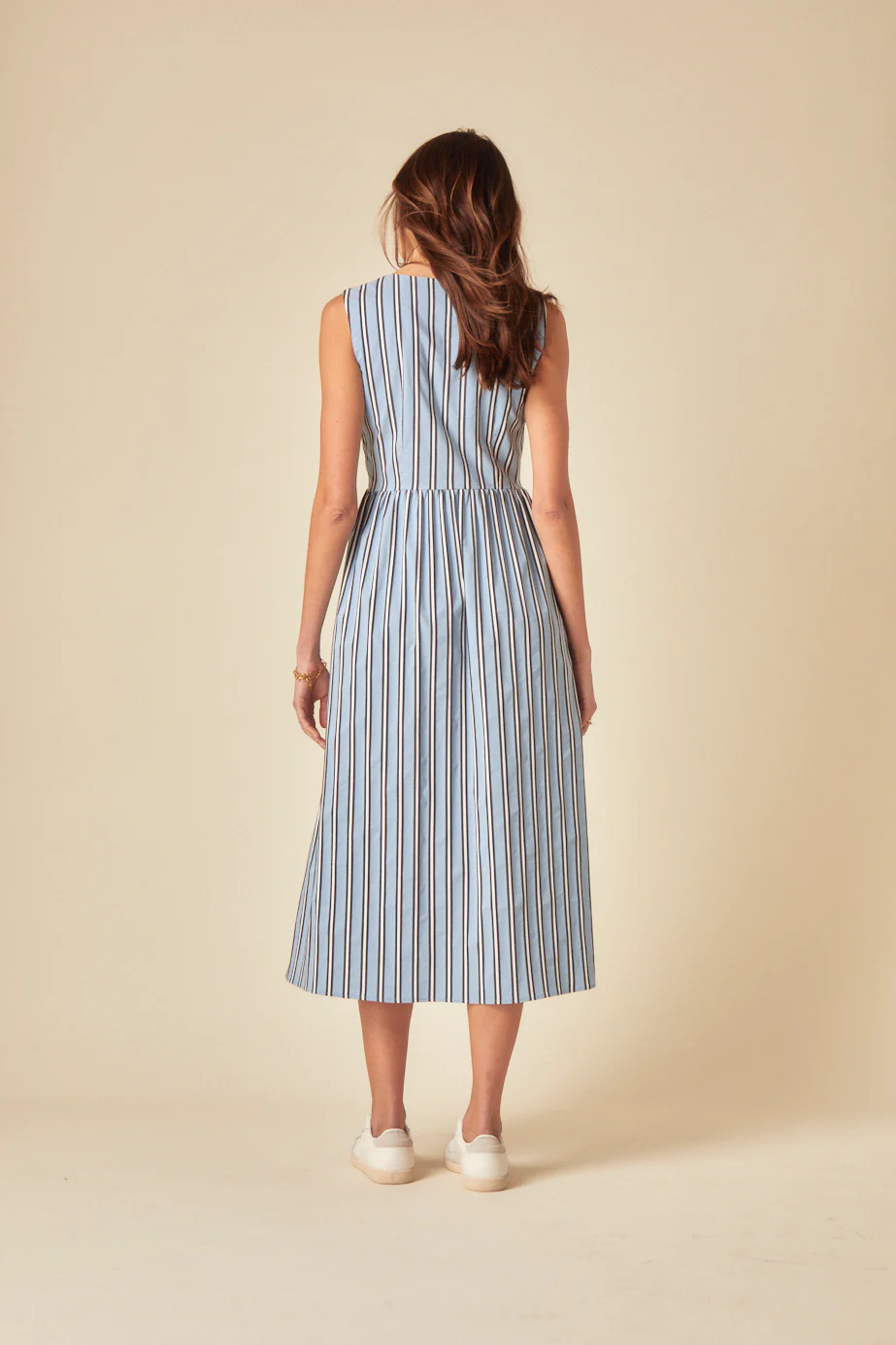 Blue Pinstripe Tie Front Posey Midi Dress - Image 5
