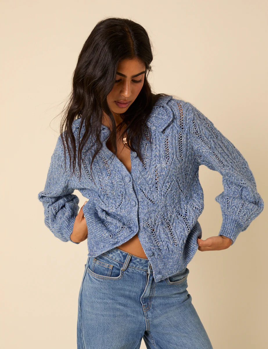 Blue Pointelle Collared Knitted Cardigan - Image 3