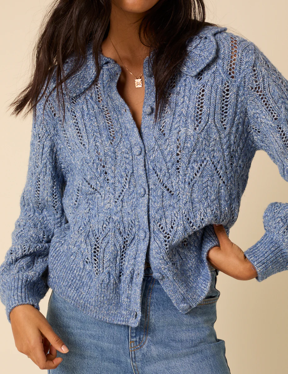 Blue Pointelle Collared Knitted Cardigan - Image 4