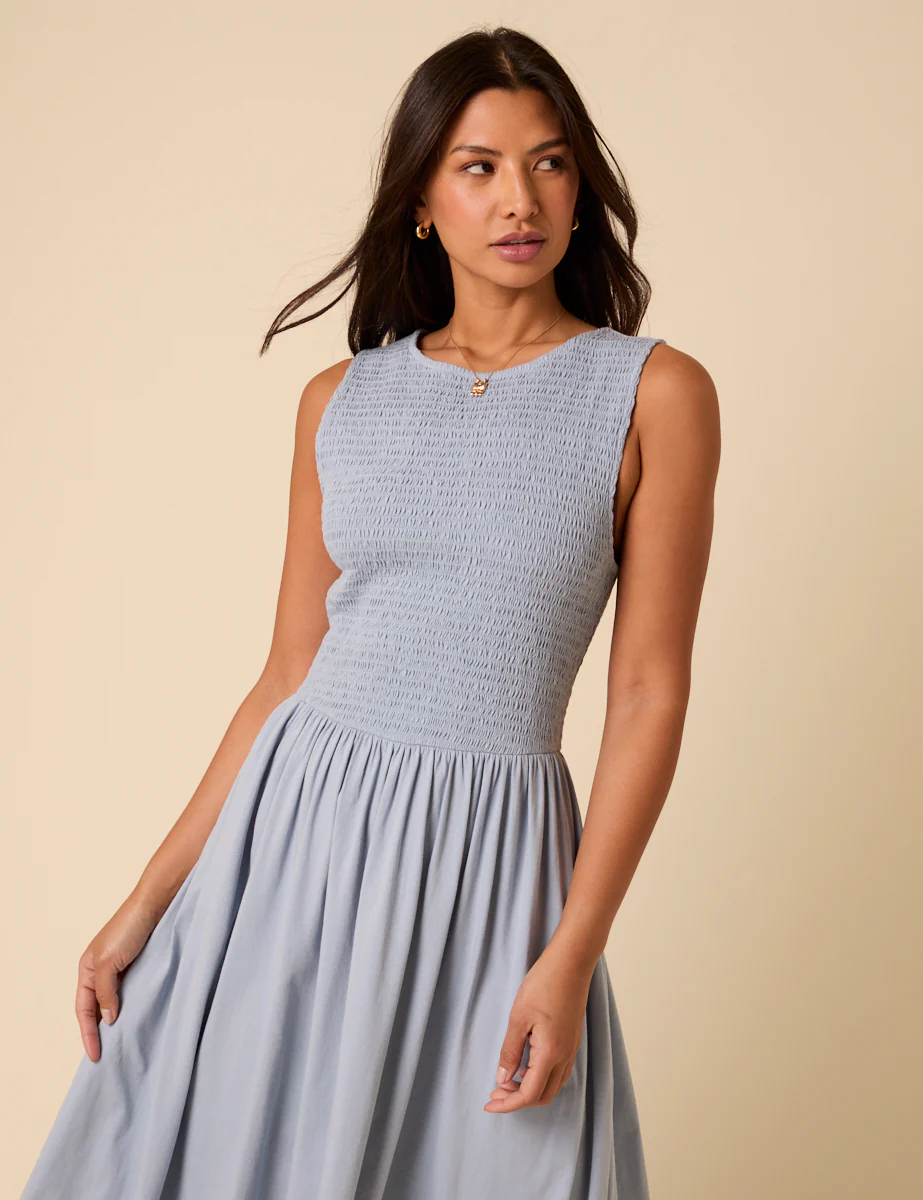 Blue Shirred Bodice Billie Midi Dress - Image 3