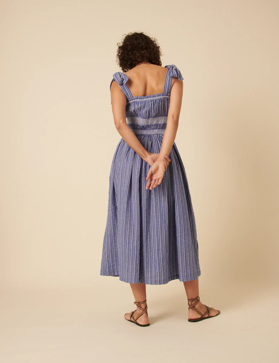 Blue Striped Ruched Marissa Midi Dress - Image 4