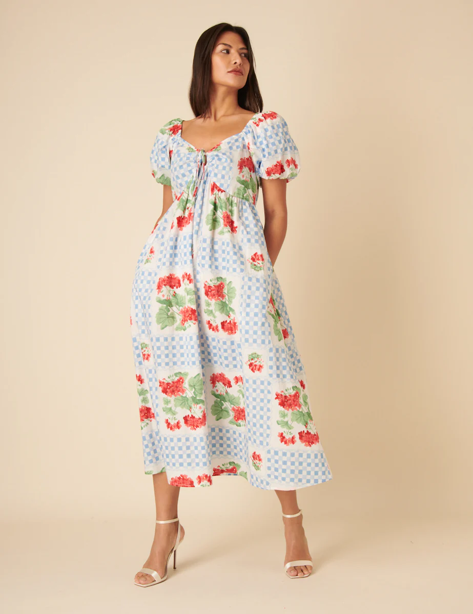 Blue Tile Print Floral Joanna Midi Dress - Image 3