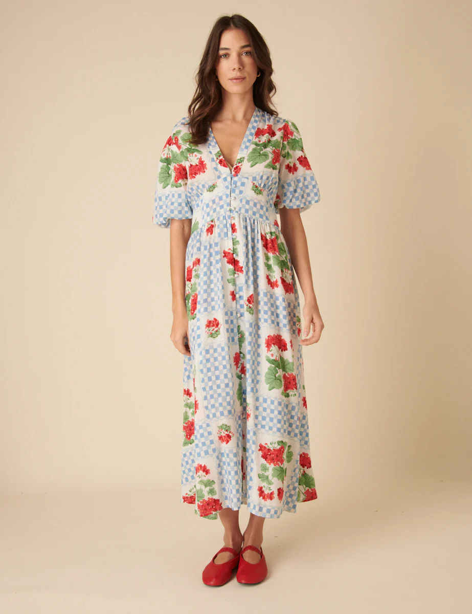 Blue Tile Print Floral Starlight Midi Dress - Image 4