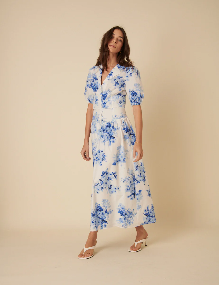 Blue Watercolour Floral Tailored Skirt