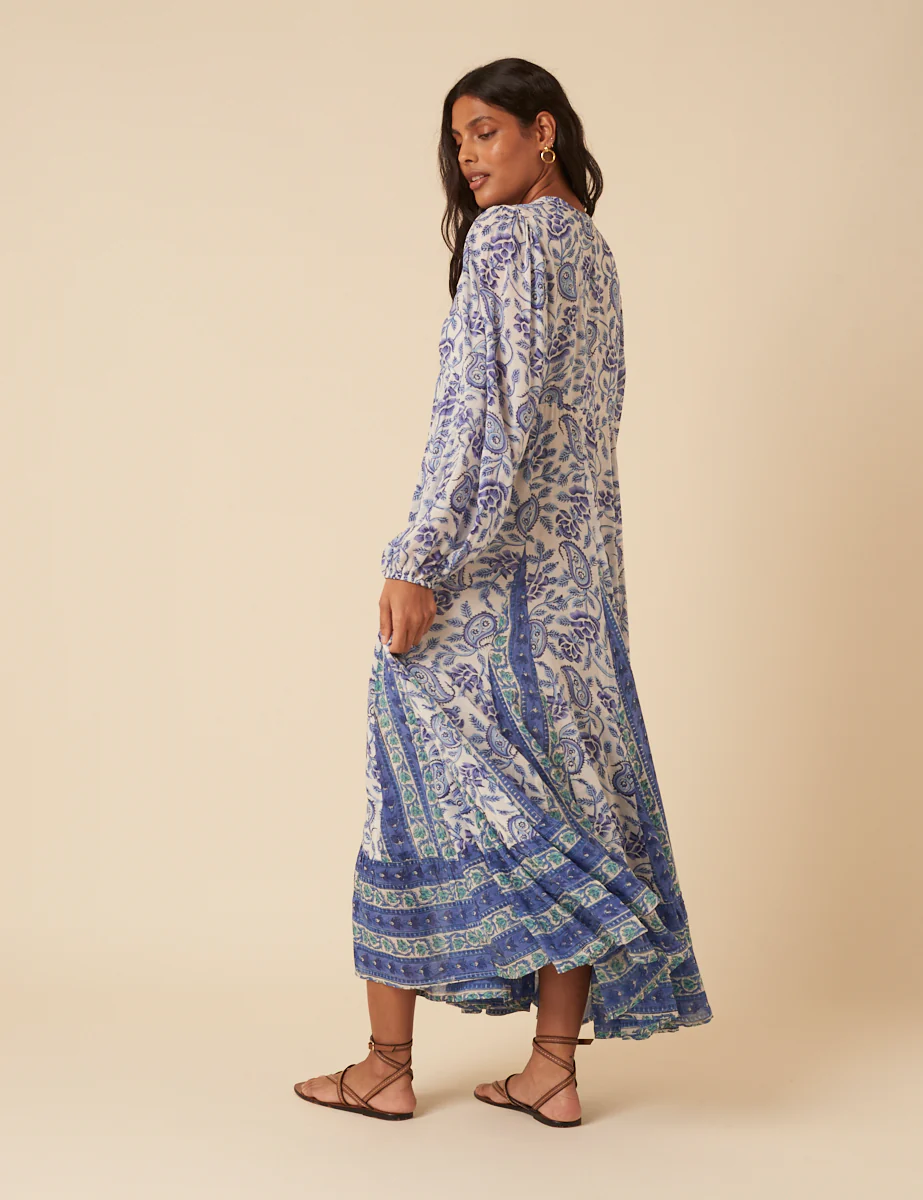 Blue Woodblock Printed Aries Midi Dress - Image 5