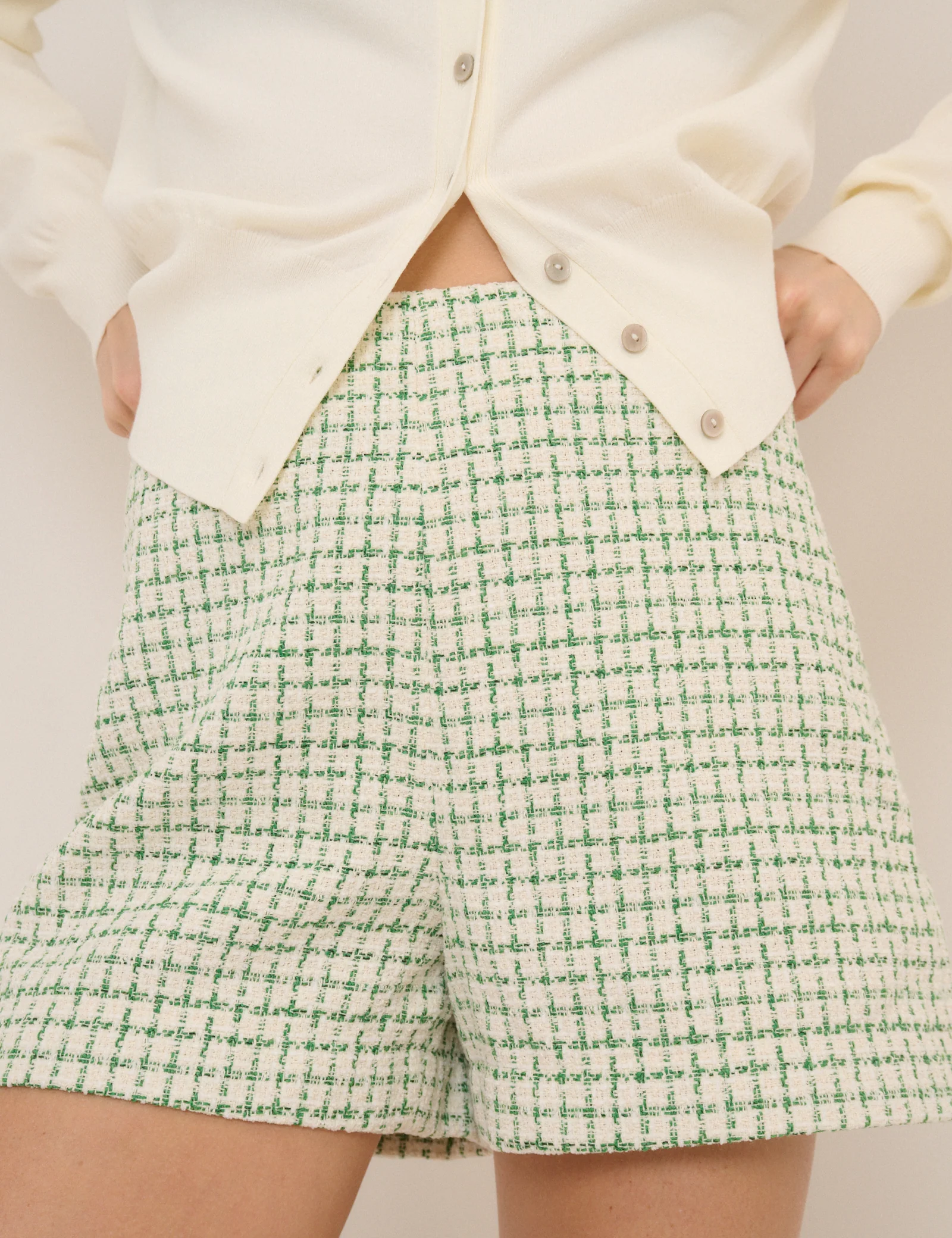 Green Check Boucle Tailored Shorts - Image 4
