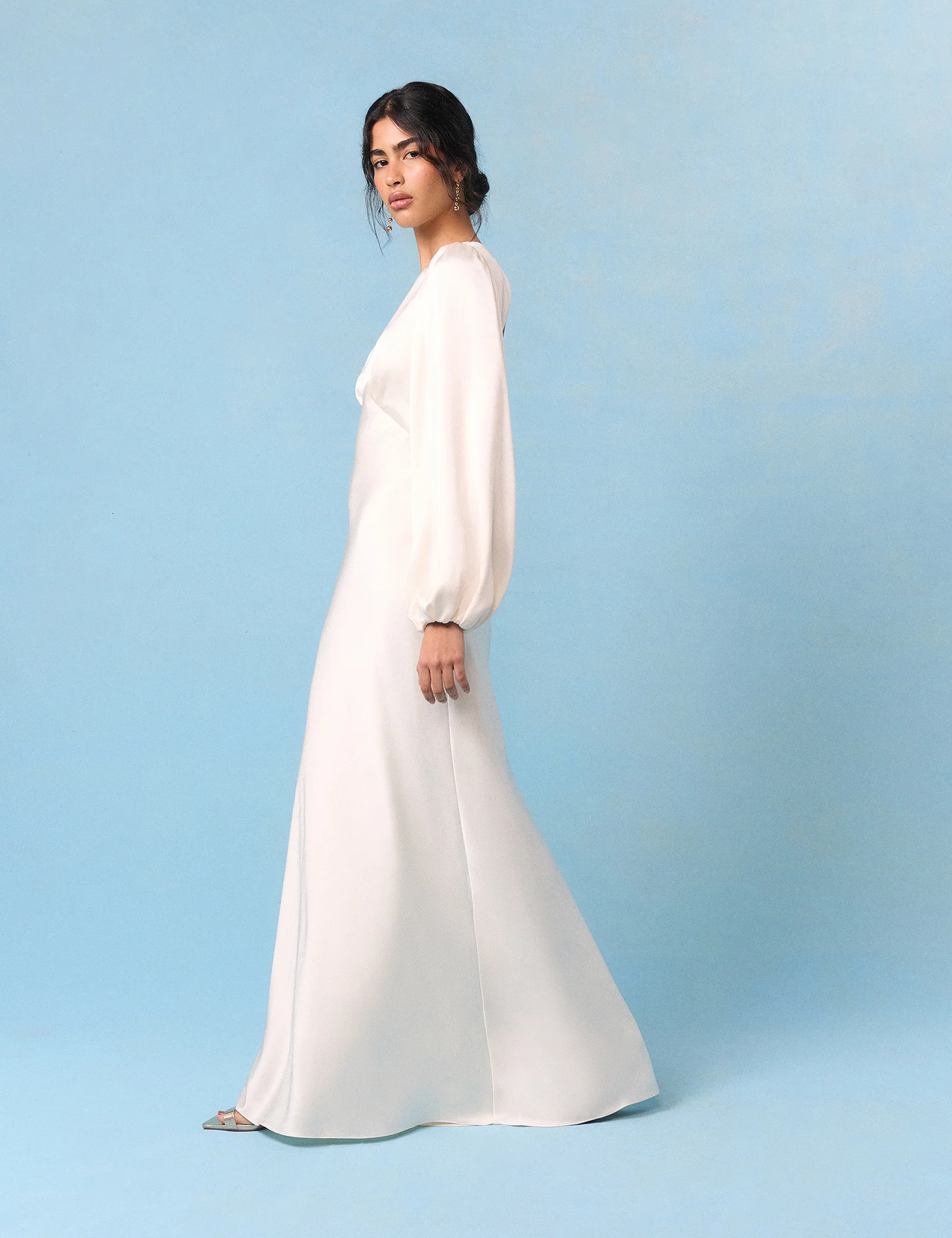 Bridal Ivory Satin Open Back Long Sleeve Isadora Maxi Dress - Image 3