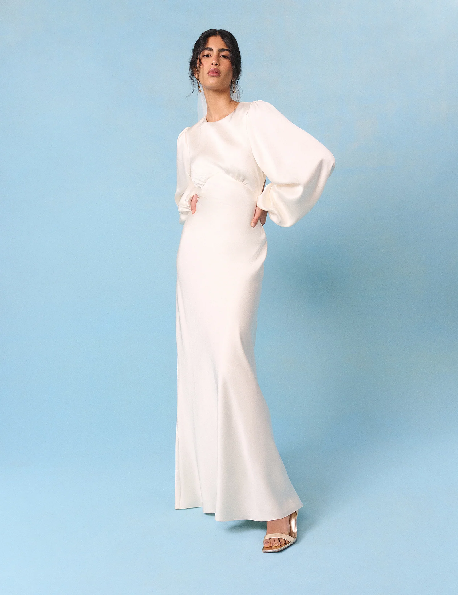 Bridal Ivory Satin Open Back Long Sleeve Isadora Maxi Dress - Image 4