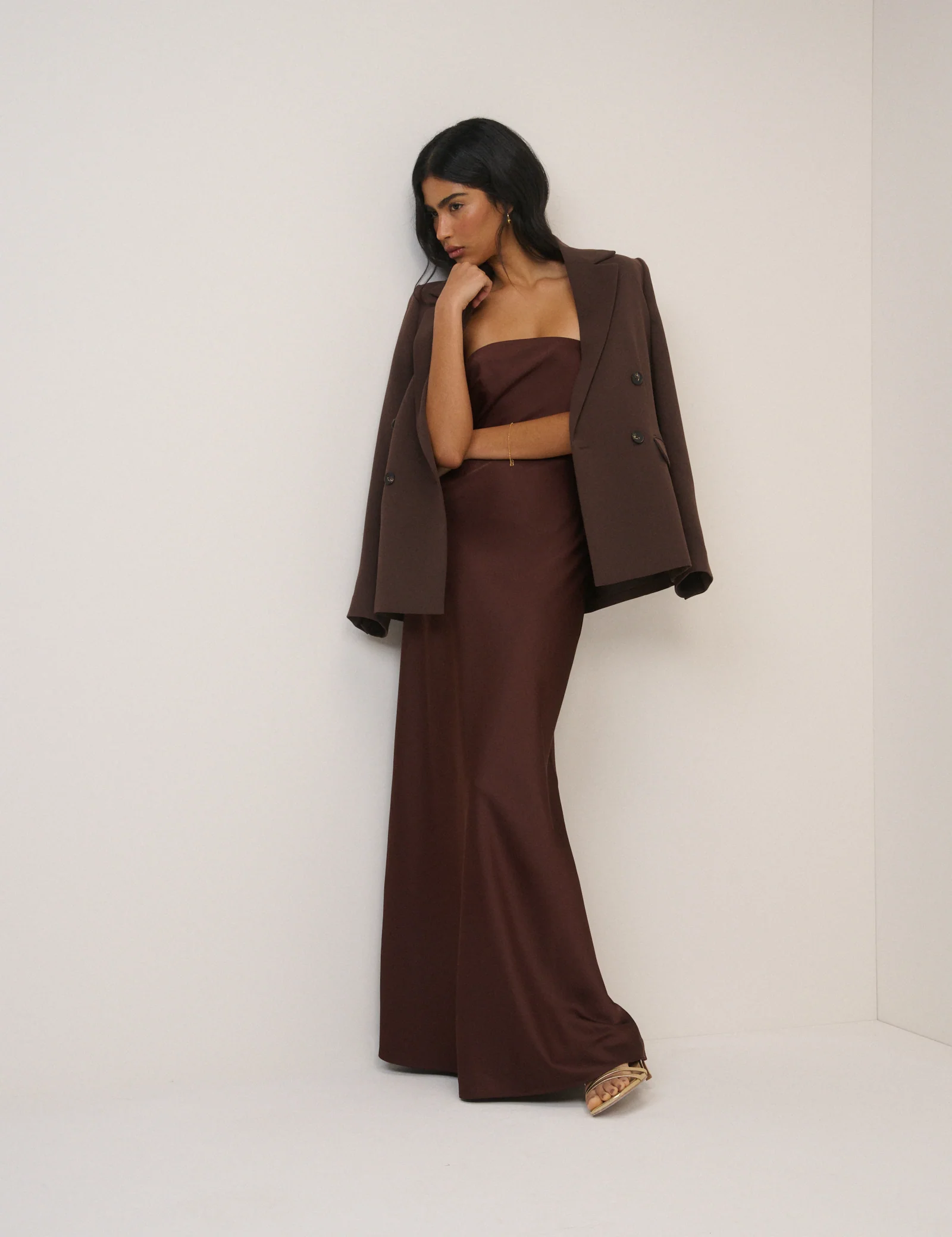 Chocolate Brown Satin Bandeau Arden Maxi Dress - Image 3