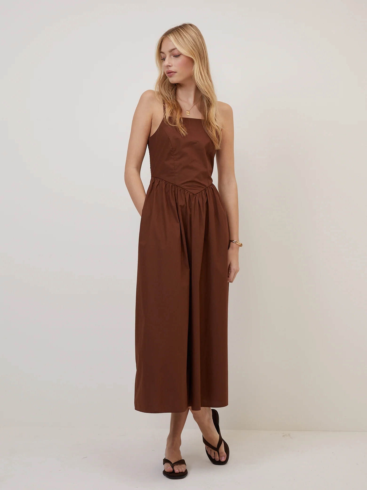 Brown Fitted Bodice Briella Midi Dress - Image 4