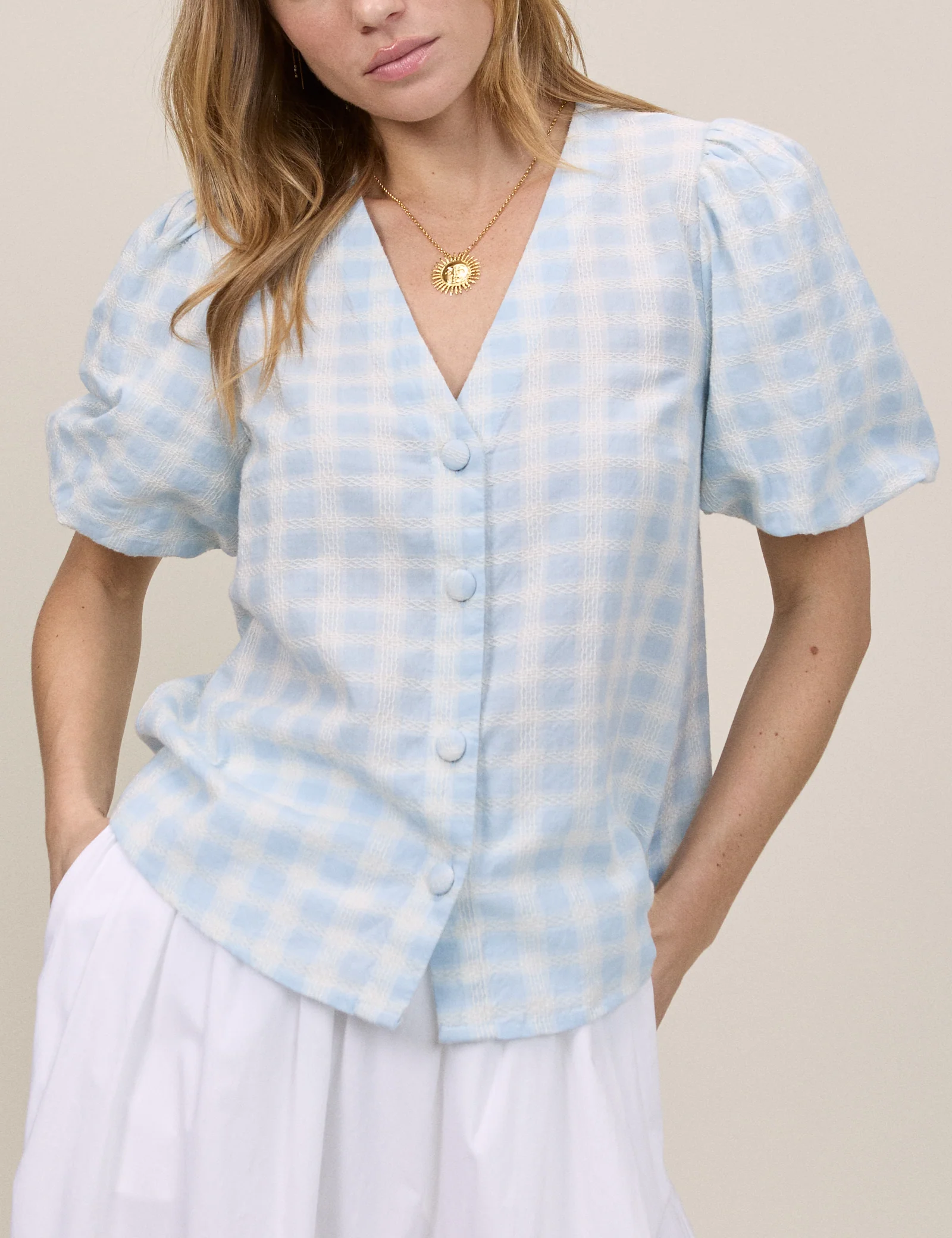 Blue Gingham Puff Sleeve Brooke Top - Image 5