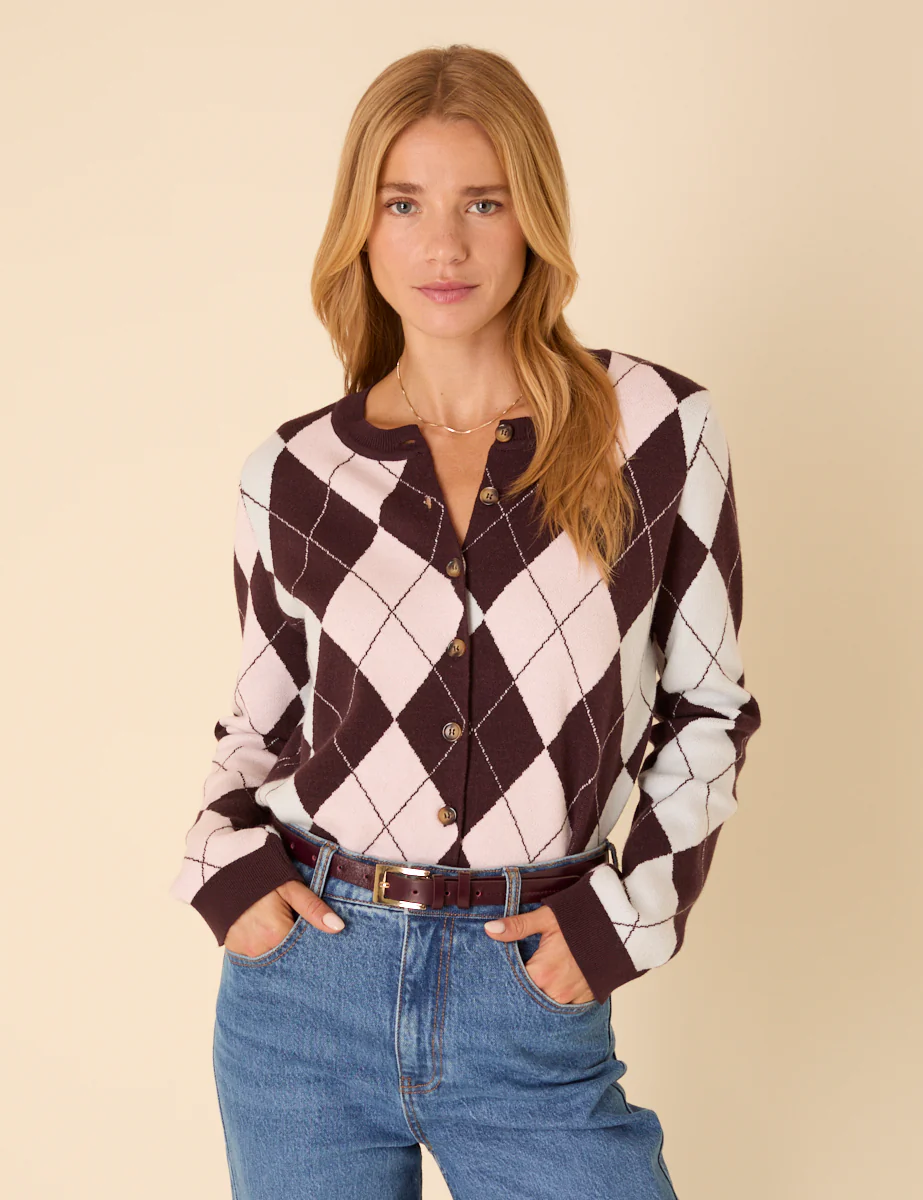 Brown And Pink Argyle Print Cardigan - Image 3