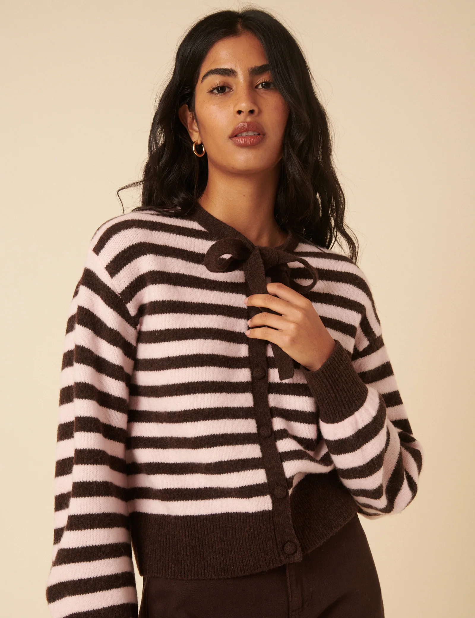 Brown And Pink Striped Tie Neck Cardigan - Image 4