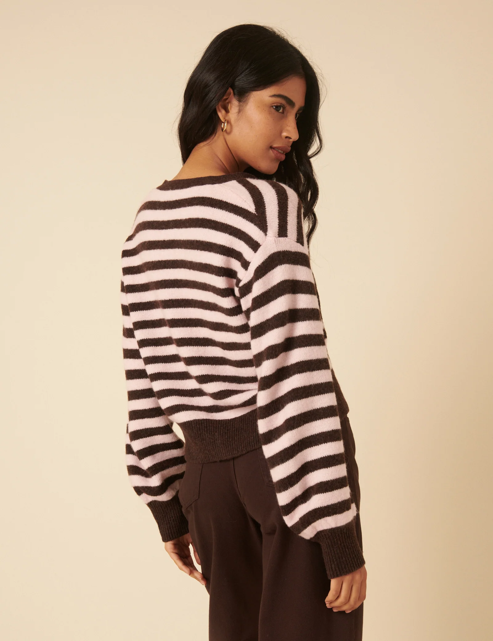 Brown And Pink Striped Tie Neck Cardigan - Image 5