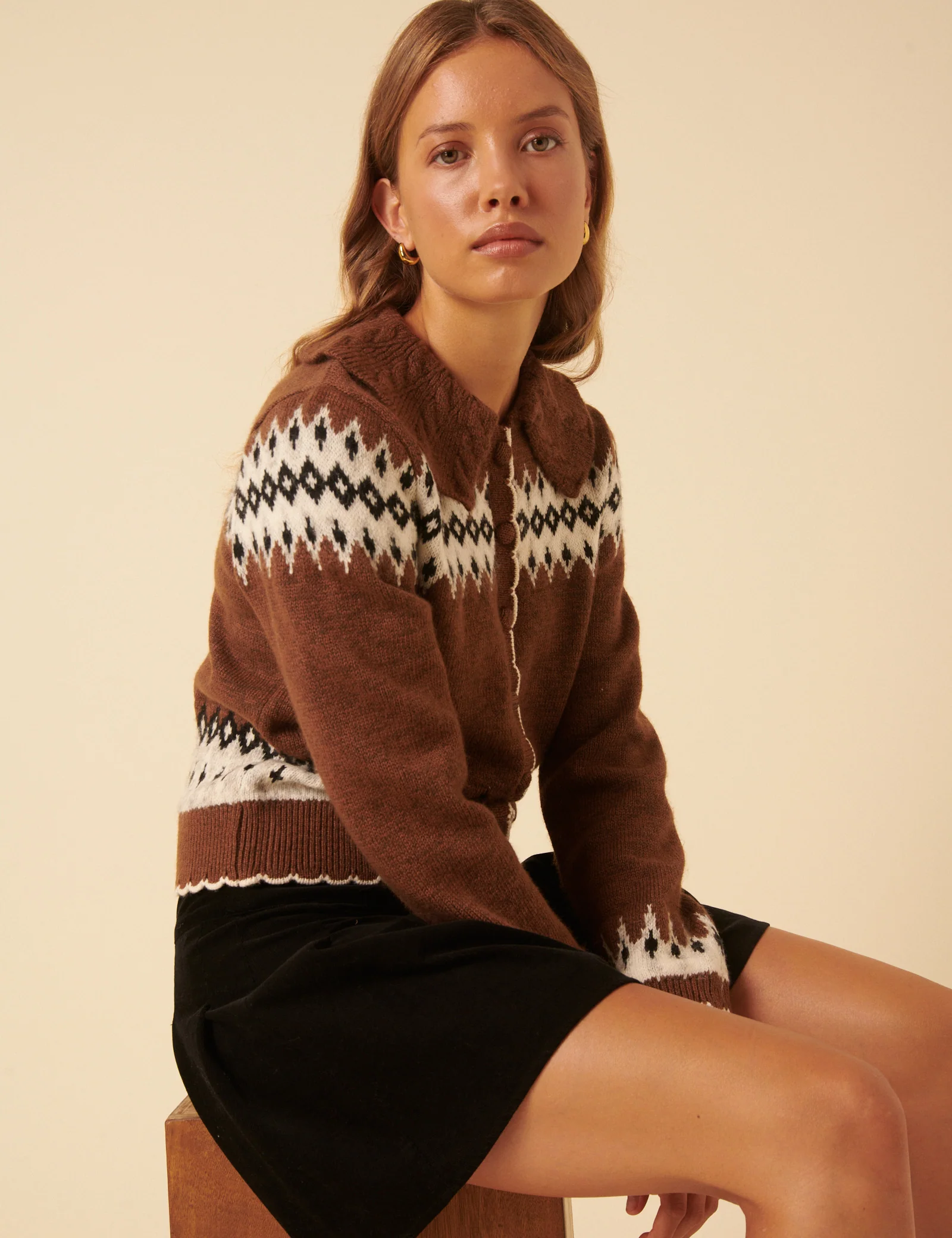 Brown And White Fair Isle Collared Cardigan - Image 4