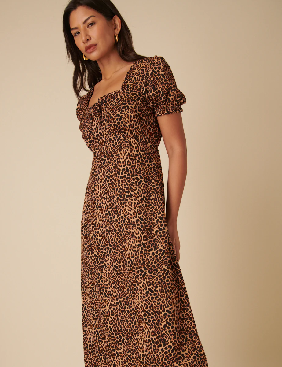 Brown Leopard Print Prarie Midi Dress