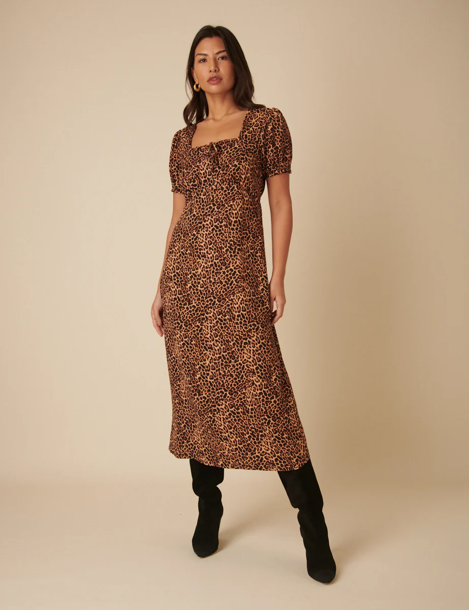 Brown Leopard Print Prarie Midi Dress - Image 4