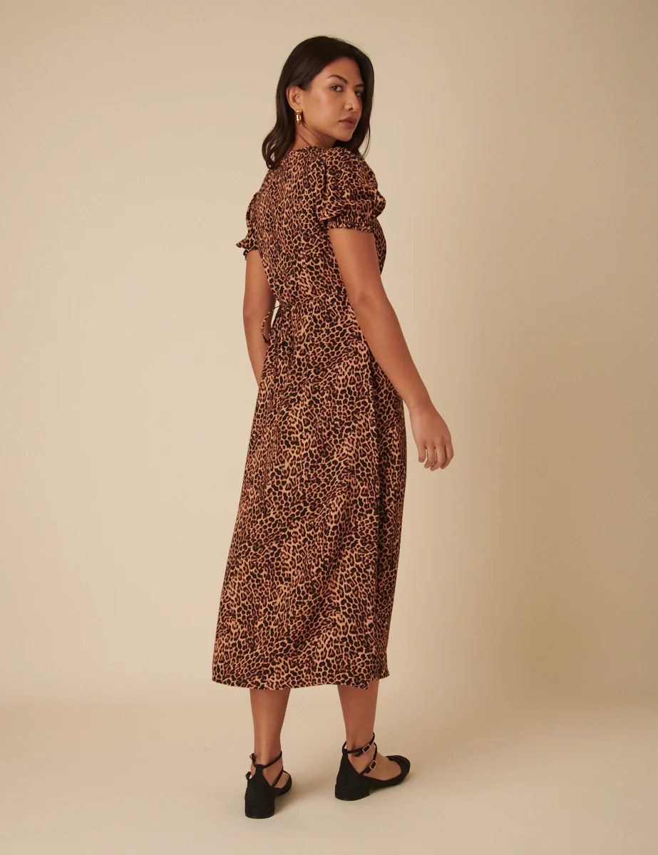 Brown Leopard Print Prarie Midi Dress - Image 5