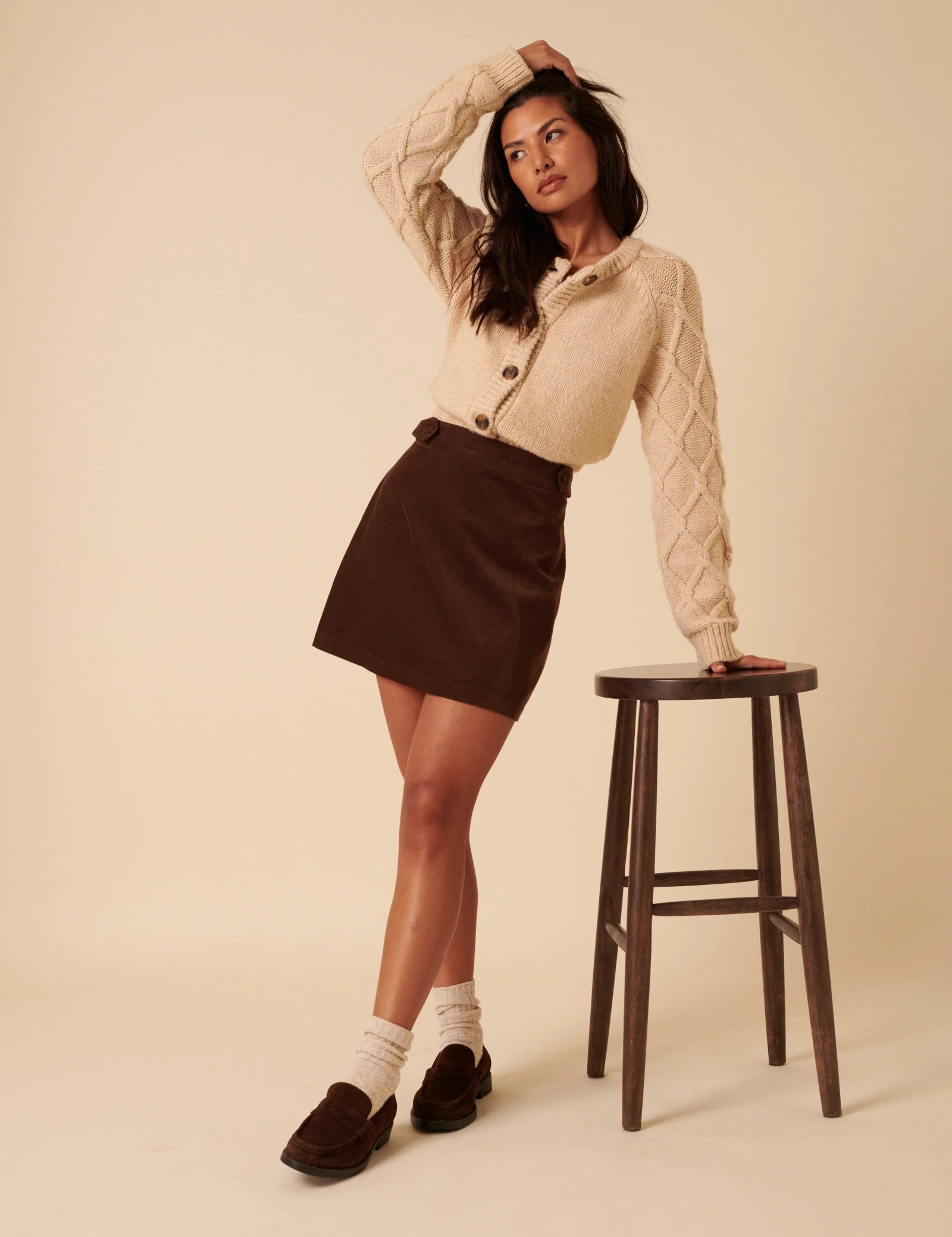 Brown Cord A-line Mini Skirt - Image 2