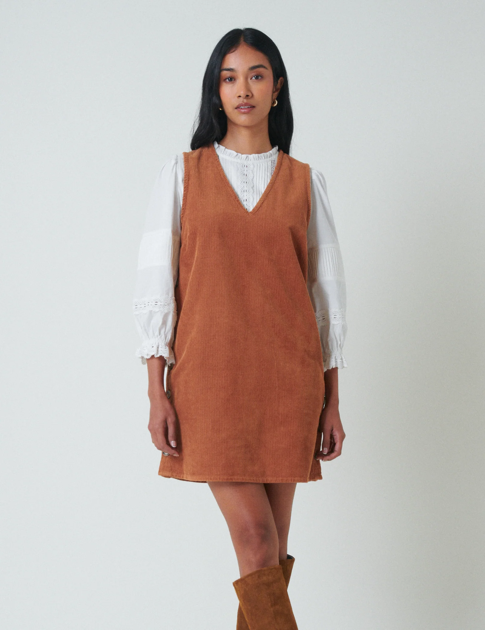 Brown Cord Austin Pinafore Mini Dress - Image 3