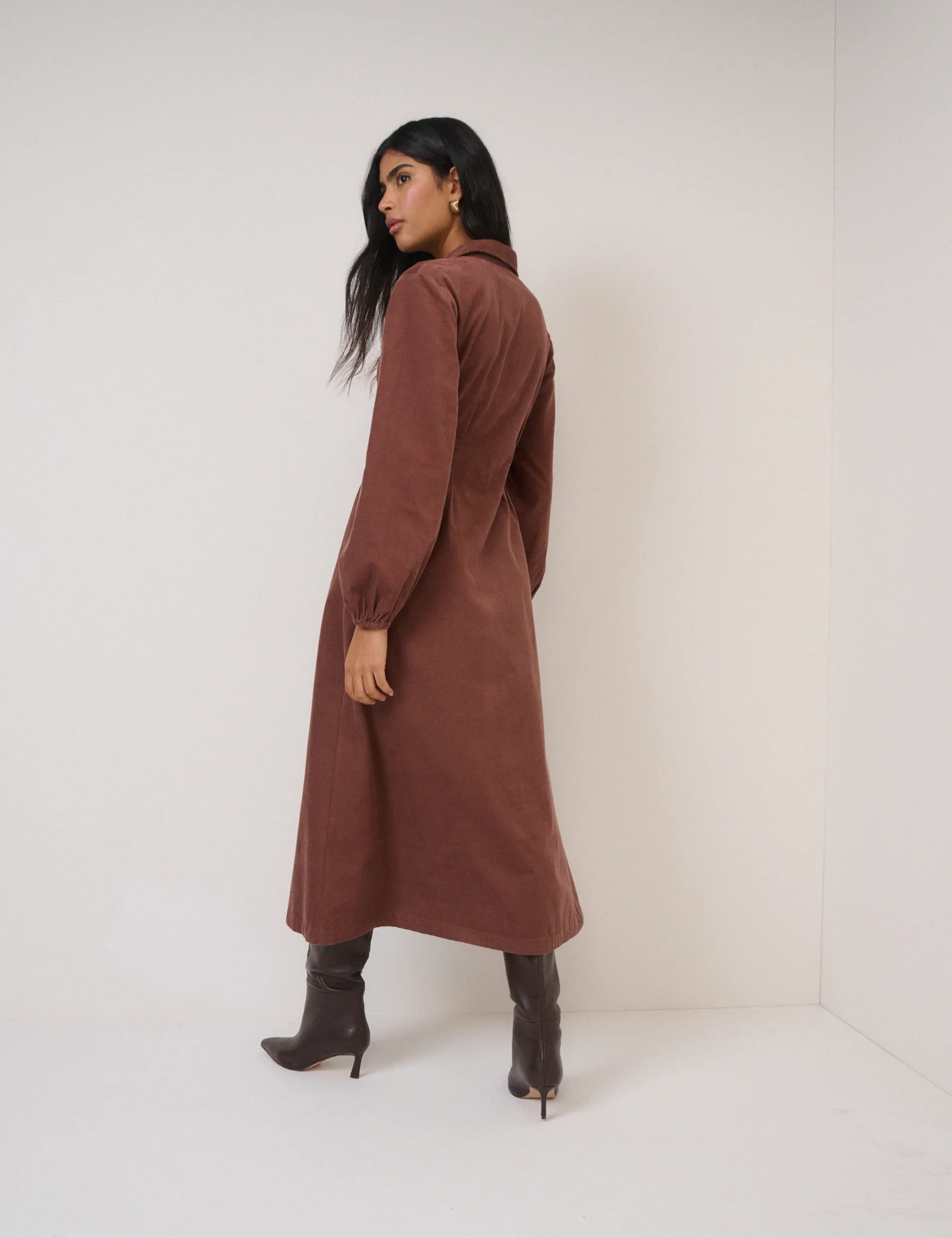 Brown Cord Balloon Sleeve Montego Midi Dress - Image 5