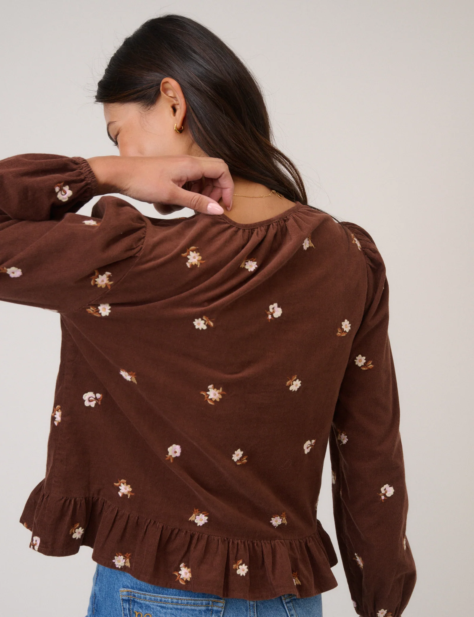 Brown Cord Floral Embroidered Frill Blouse - Image 3