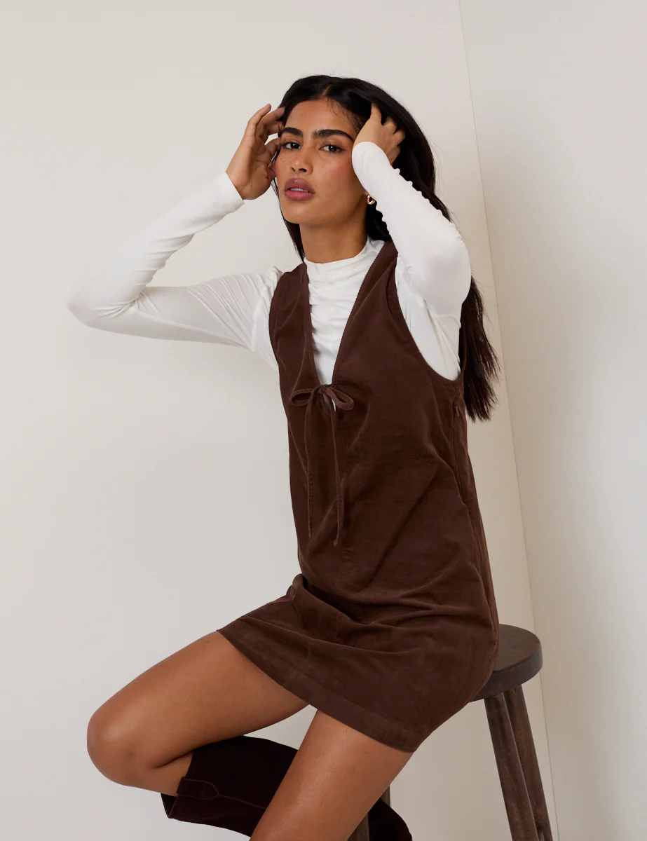 Brown Cord Nila Pinafore Mini Dress - Image 4
